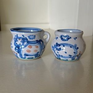 M A Hadley stoneware pottery mini creamer & sugar set with cow & pig design